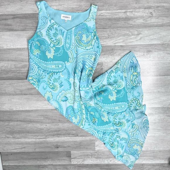 Vintage 90s Y2K Paisley Blue Sleeveless Maxi Dress Size 14 - Picture 1 of 8